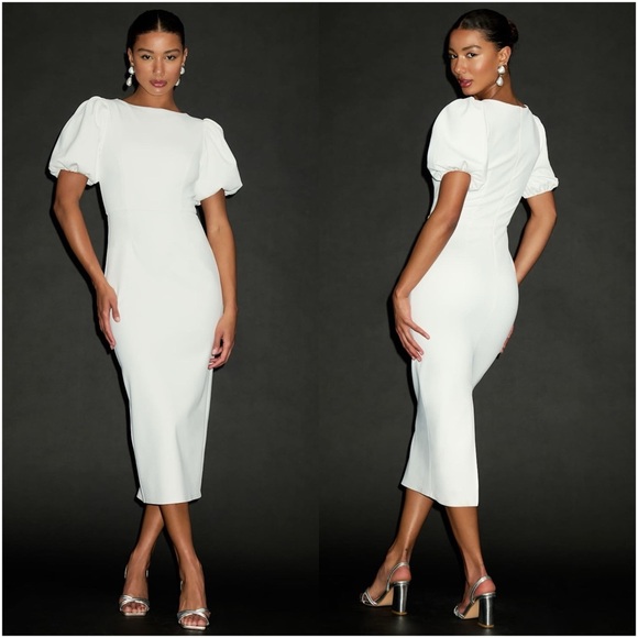 Lulus Dresses & Skirts - LULU'S Simply Beloved White Puff
Sleeve Bodycon Midi Dress